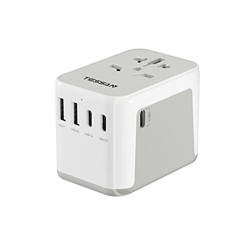 TESSAN Adaptador Enchufe Universal, Enchufe Universal Viaje con 2 USB y 3 USB C (Tipo C), Adaptador de Viaje para USA, UK, Irland, Austuralia, Cargador Universal para Más de 224 Países, Travel Plugs