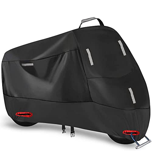 Funda para Moto Impermeable 300D Oxford, Cubierta para Motocicleta para Exterior Interior con 5 Tiras Reflectantes y 2 Orificios para Cerradura, para Scooter Motocross (XXL: 245 x 105 x 125 cm)