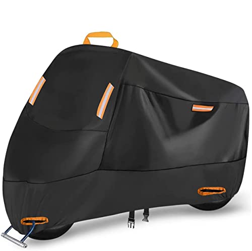 SECELES 300D Funda Moto Exterior Interior, Funda para Moto Impermeable con 4 Tiras Reflectantes y 2 Orificios para Cerradura, Toldo Moto para Kawasaki Yamaha Honda (XXXXL:295 x 110 x 140 cm)