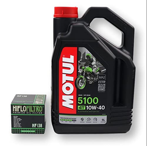 RVM Kit Aceite Motul 5100 10W40 Moto 4T + Filtro De Aceite Hiflofiltro Modelo HF 138 Para Varios Modelos De Motos Suzuki. Aceite Semisintético En Envase De 4 Litros