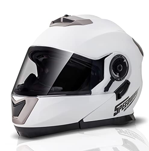 SPEEDWAY 1970 Casco Moto Hombre Mujer Modular Plegable Abatible Color Blanco con Doble Visera - Casco Integral Scooter Adaptado para Blueetooh - Ventilacion 360 Antivaho - Opcion Repuesto Talla S