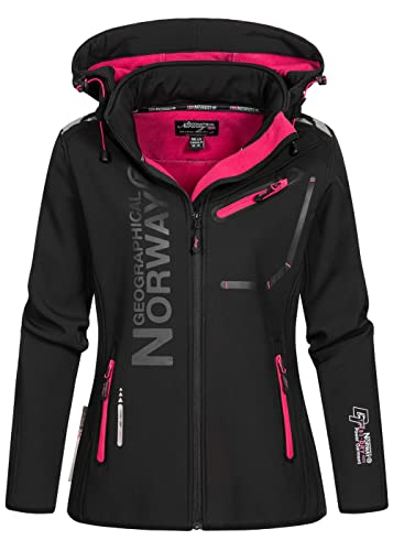 Geographical Norway REINE LADY - Chaqueta Softshell Impermeable Mujer - Chaqueta Capucha Exteriores - Chaqueta Cortavientos Invierno - Actividades Senderismo Aire Libre (negro/rosa brillante) Talla 1