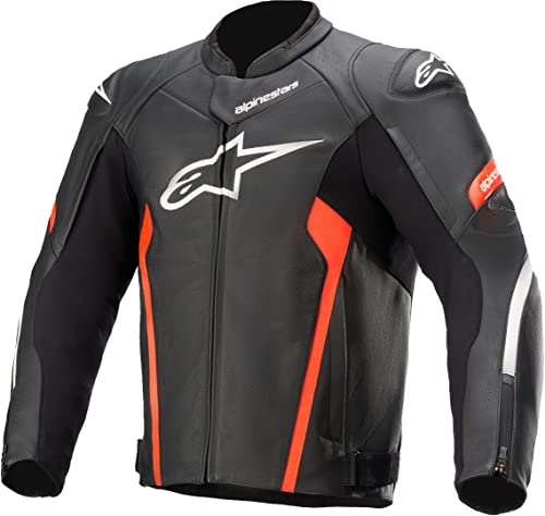 Alpinestars Faster V2-Chaqueta de Piel para Hombre, Color Negro y Rojo Fluorescente Ropa de Motocicleta, 56