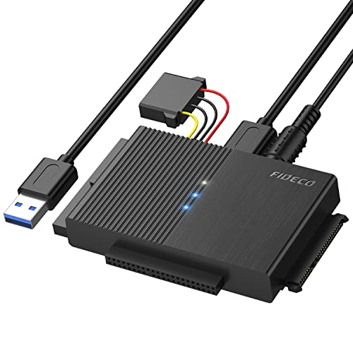 FIDECO USB 3.0 a IDE y SATA Adaptador Lector Discos Duros para 2,5'' y 3,5'' IDE y SATA HDD/SSD, CD-ROM, CD-RW, DVD-RW, Soporta 16TB MAX, Incluye Adaptador de Corriente 12V 2A