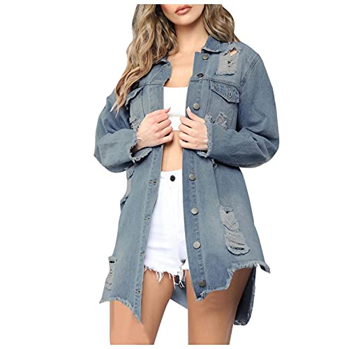 Mujer Chaqueta Vaquera Largo SHOBDW 2021 Nuevo Denim Agujero Abrigo de Mezclilla de Mangas Largas Cazadora Bolsillos de Talla Grande Liquidación Venta（Azul2，M）