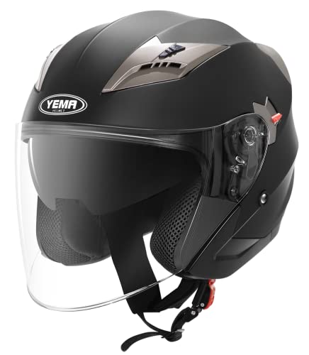 Casco Moto Jet ECE Homologado - YEMA YM-627 Casco Moto Abierto Custom Scooter para Mujer Hombre Adultos con Doble Visera-Negro Mate-M