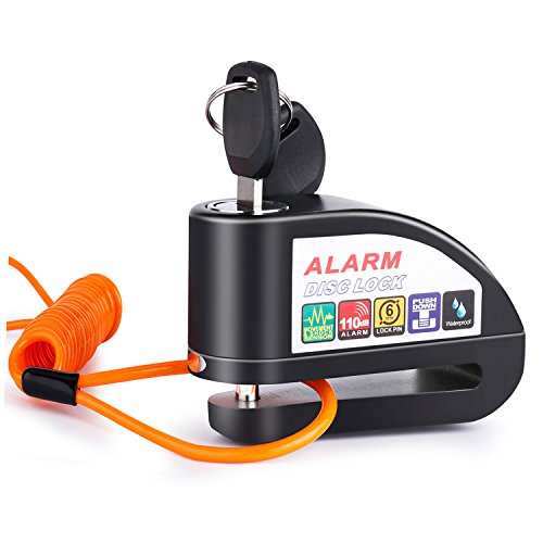 Uolor Candado Disco Moto con Alarma 6mm 110DB Dispositivos Freno Antirrobo Alarma Impermeable Motocicleta Bicicleta Scooter con Cable Enrollado 1.5M