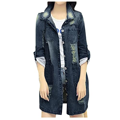 Mujer Chaqueta Vaquera Largo SHOBDW 2021 Nuevo Denim Abrigo de Mezclilla de Mangas Largas Cazadora Bolsillos de Talla Grande Liquidación Venta（Azul，XL）