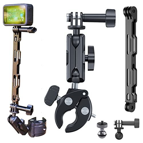 TELESIN Soporte de Manillar de Motocicleta para GoPro 11 Series Insta360 One X2 dji Action 2,360 ° Doble Cabeza de Bola Bicicleta Moto Abrazadera Soporte con Kit de Varilla de extensión de Aluminio