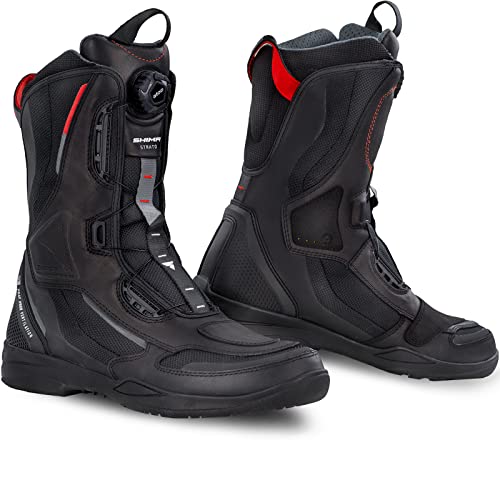 SHIMA STRATO Botas Moto Hombre, Transpirables, Reforzadas, Ligeras Botas de Moto Adventure Touring con Sistema de Cierre Rápido ATOP, Protección de Tobillos, Suela Antideslizante Negro, 43 eu