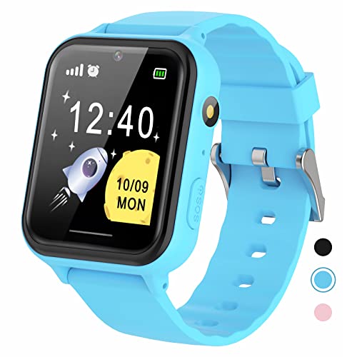 PTHTECHUS Reloj Inteligente niño - Música Smartwatch para Niños Pantalla Táctil con podómetro Juegos Cámara Linterna Alarma Reloj niños y niñas de 8-12 años Regalo, S19 Azul