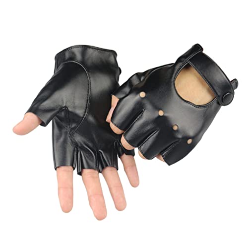 Long Keeper Guantes Cuero Sin Dedos Negro para Hombre Mujer Guantes Negros Medio Dedo Punk Disfraz Guantes de Cuero Conducir Coche para Moto Cosplay