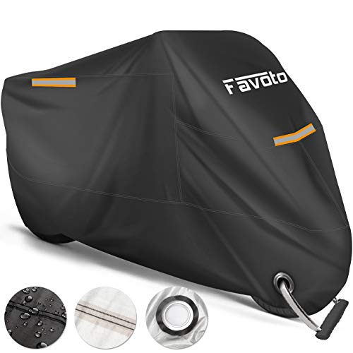 Favoto Funda para Moto Cubierta de la Motocicleta 210T Protectora Poliéster con Banda Reflectante a Prueba de UV Agua Lluvia Polvo Viento Nieve Excremento de Pájaro al Aire Libre XXXL 265cm Negro