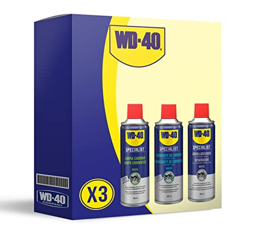 WD-40 Motorbike – Lote cuidado y mantenimiento de la cadena y brillo del carenado con Spray Limpiacadenas 400Ml + Lubricante de Cadenas 400Ml + Abrillantador de Silicona 400Ml - Pack 3 unidades