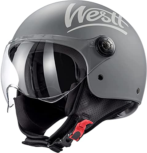 Westt Casco de Moto Classic Jet con Visera para Hombres Mujeres, Casco de Scooter Chopper ciclomotor Retro piloto de Motocicleta Media Concha con homologación ECE Dot, Gris Mate, S (53-54 cm)