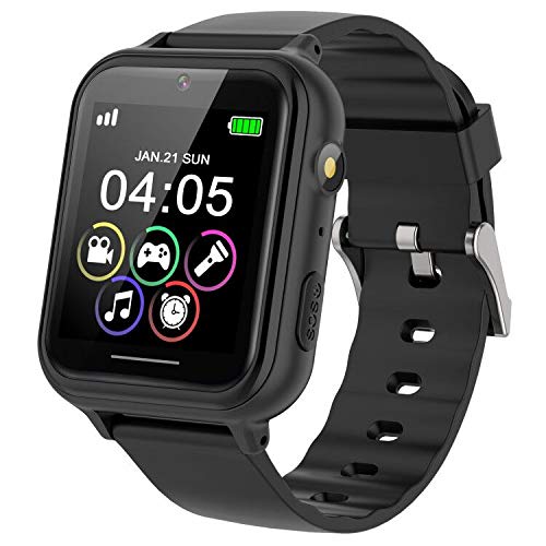 PTHTECHUS Reloj Inteligente para Niños, Reloj Teléfono para Niña y Niño Pantalla Táctil con Música, 7 Juegos, Cámara, Linterna, Alarma, Smartwatch para Niños Regalo, Negro