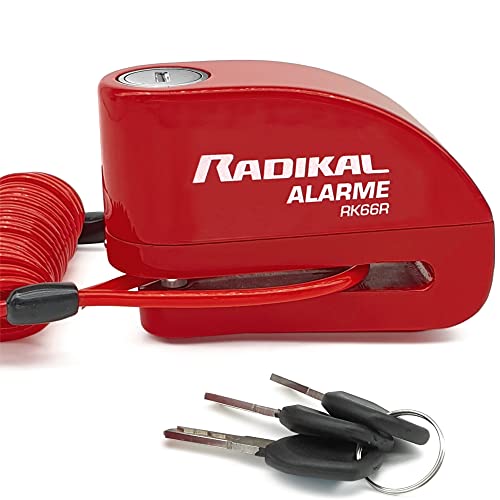 Radikal RK66R Candado Moto Disco Alarma 110 dB, Accesorios Cable recordatorio 1.5M, Mochila y Pilas de Recambio, 6 mm, Antirrobo Moto Universal Moto, Scooter, Bicicleta, Candado Alarma Moto