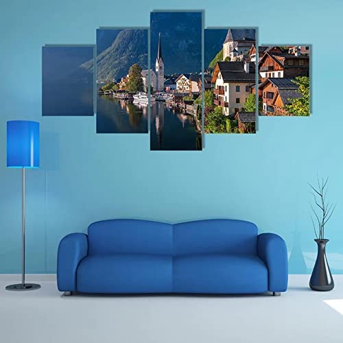 WAGYU 5 Piezas Impresiones en Lienzo Pueblo de Hallstatt en el Lago Alpino 5 Piezas Cuadro sobre Lienzo,Cuadro en Lienzo 5 Piezas,Pintura Decoración 5 Piezas,HD Mural Moderno Decor Hogareña,200x100cm