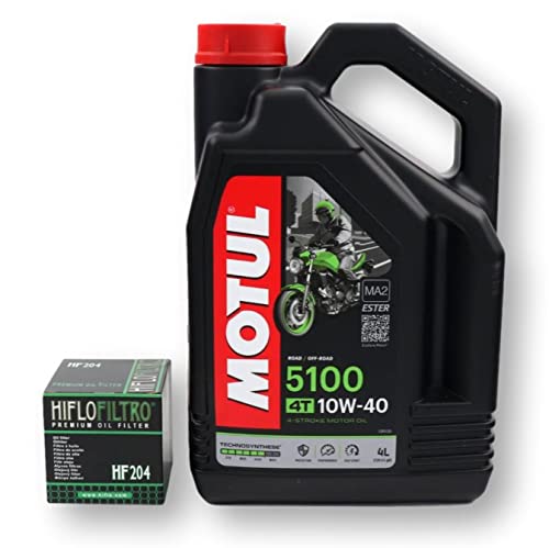 RVM Kit Aceite Motul 5100 10W40 Moto 4T + Filtro De Aceite Hiflofiltro Modelo HF 204 Para Motos Honda, Yamaha Y Kawasaki. Aceite Semisintético En Envase De 4 Litros