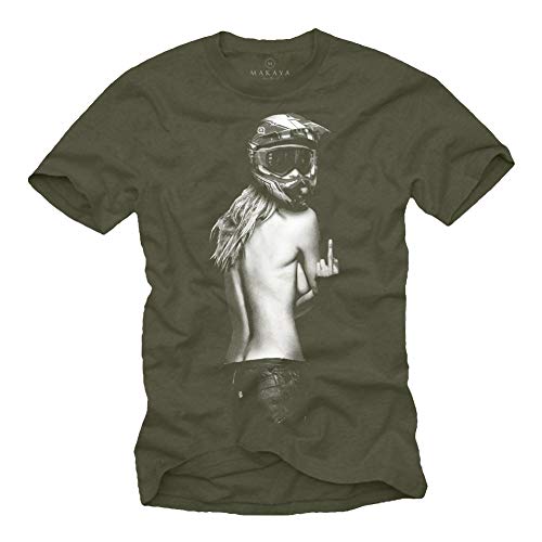 Ropa de Moto Hombre - Camiseta Motocross - Chica con Casco Moto Integral Verde S