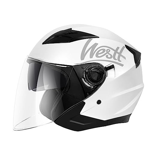 Westt Casco de Moto con Visera y Parasol para Hombres y Mujeres, Casco de Scooter ciclomotor Chopper Moto de Media Cara piloto, Certificado ECE Dot, Blanco metálico, XL (59-60 cm)