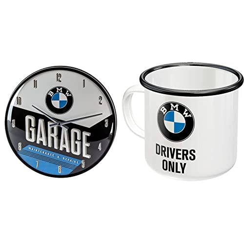 Nostalgic-Art 51077 BMW - Garage - Reloj Decorativo de Pared & Taza esmaltada Retro, BMW – Drivers – Idea de Regalo para Aficionados a Accesorios de Coches, Copa para Camping, diseño Vintage, 360 ml