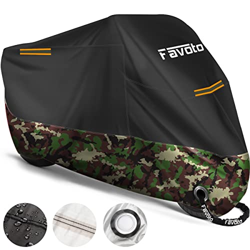 Favoto Funda para Moto Cubierta de Moto 210D Impermeable Protectora con Banda Reflectante a Prueba de Sol Lluvia Polvo Viento Nieve Excremento de Pájaro al Aire Libre, 245x105x125cm Negro+Camuflaje