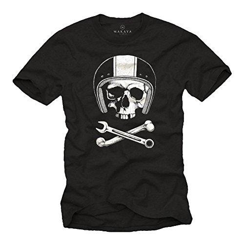 MAKAYA Calavera con Casco - Camiseta Motocross - Hombre Negra XXXL