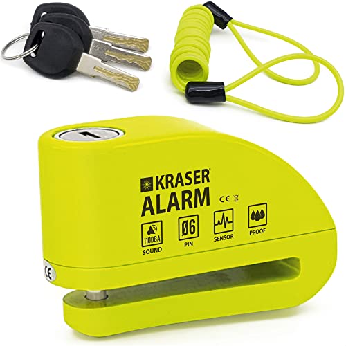 KRASER KR6Y Candado Moto Disco Alarma 110dB, Reforzado Impermeable, Cerradura Seguridad, Accesorio Cable Bolsa, Bloqueo 6mm Universal Motocicleta Scooter Bicicleta Eléctrica, Antirrobo Moto con Alarma