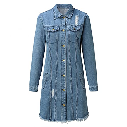 Chaqueta Vaquera Largo de Mujer Denim SHOBDW 2021 Nuevo Abrigo de Mezclilla de Mangas Largas Cazadora Bolsillos de Talla Grande Otoño Invierno Liquidación Venta（Azul，S）