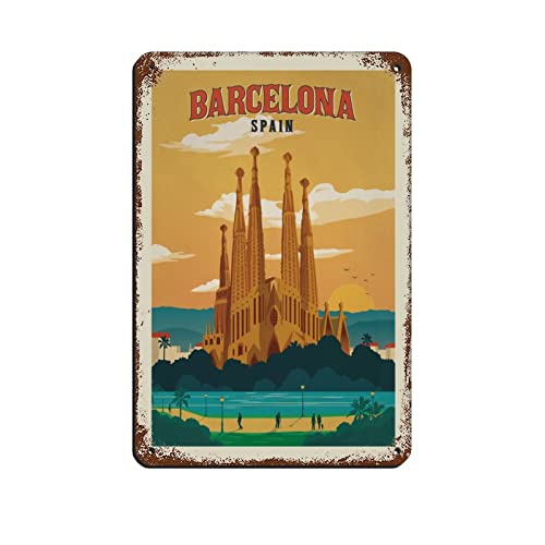 AZOLID Carteles de lata de metal Barcelona Travel Tin Signs Interior & Outdoor Home Bar Café Cocina Decoración de pared 30x43CM