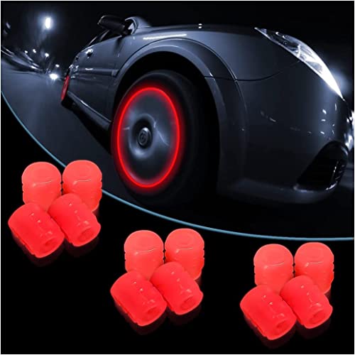 Tapa Fluorescente de Válvula de Neumático de Coche, 12 Piezas de Válvula Brillante de Neumático de Coche, Tapa Brillante de Neumático, Accesorio Universal para Coches, Camiones, SUV, Motos (Rojo)