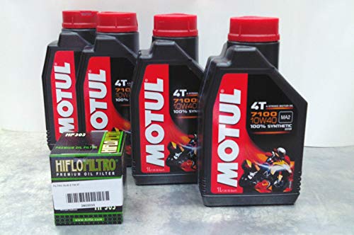 Motul 4T 7100 10W40 - Lote de 4 bidones de 1 L (= 4 litros) de aceite sintético para motor de moto + filtro