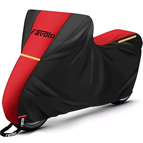 Favoto Funda para Moto Cubierta de Motocicleta 210D Impermeable, Protectora a Prueba de Sol Lluvia Polvo Viento Nieve Excremento de Pájaro al Aire Libre, 245x105x125cm Rojo+Negro