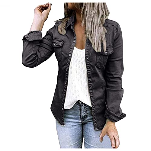 Chaqueta Vaquera de Mujer SHOBDW 2021 Nuevo Denim Color Sólido Abrigo de Mezclilla de Mangas Largas Cazadora Bolsillos de Talla Grande Otoño Invierno（Negro，XXL）