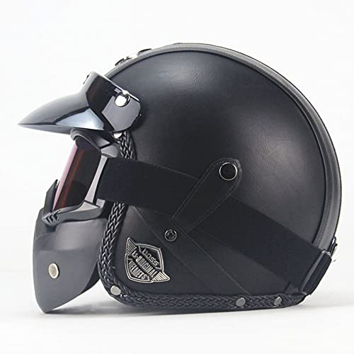 BCCDP Vintage Cuero de PU Casco Moto Jet Hombre, Rétro Piloto Motociclist Casco Abierto con Visera Gafas Máscara, ECE Homologado Casco Moto para Mujer y Hombre Adultos M~XXL