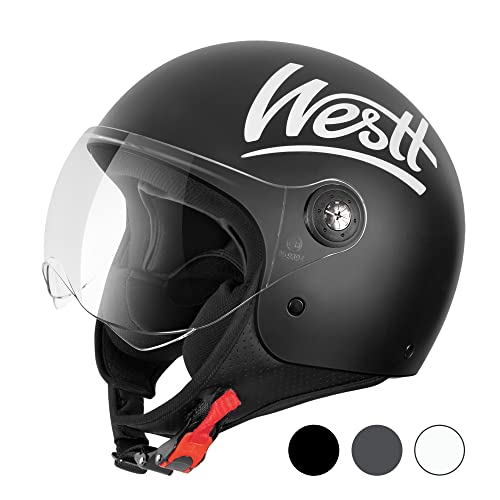 Westt Casco de Moto Classic Jet con Visera para Hombres Mujeres, Casco de Scooter Chopper ciclomotor Retro piloto de Motocicleta Media Concha con homologación ECE Dot, Negro Mate, S (53-54 cm)