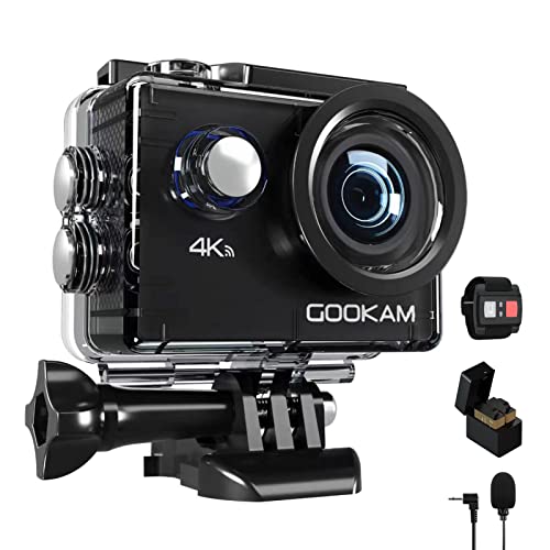 GOOKAM Cámara Deportiva 4K WiFi 20MP Ultra HD Cámara Acción Sumergible 40M Camaras Acuática 170° Gran Angular 2.4G Remoto y Micrófono Externo con 2 Baterías de 1050mAh y Accesorios Multiples-GO 2