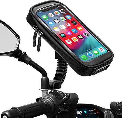 ENONEO Soporte Movil Moto Impermeable 360° Rotación Soporte Telefono Motocicleta con Cubierta de Lluvia Funda Soporte Smartphone Moto Retrovisor para Telefono hasta 6.7