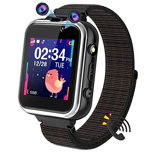 PTHTECHUS Reloj Inteligente Niños, Pantalla táctil Kids Smartwatch con Llamadas Juegos Cámara Modo Escuela SOS Linterna Calculadora Reloj Despertador, Chicos Chicas Regalos de Cumpleanos (Negro)