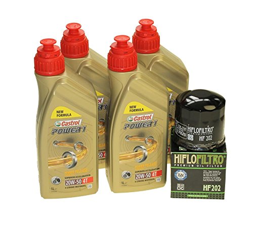 Cambio de aceite Set 4 litros Castrol SAE 20 W de 50 Act Evo 4T Mineral Incluye ölfliter HiFlo hf202 para Honda CBR 400, CBX 750, VF 500, 750, 1000, XLV, KAWASAKI en, GPZ, VN