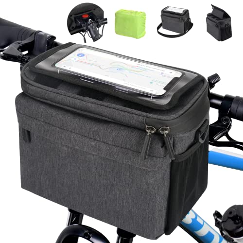 Bolsa para Manillar de Bicicleta con Adaptador para Manillar, Cesta Delantera de 5,3 L Impermeable con Pantalla táctil Transparente y Correa de Hombro extraíble