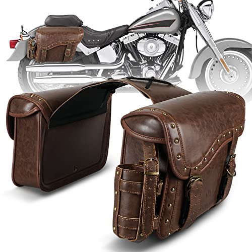 NICECNC Alforjas Moto Custom Cuero PU, Alforjas Laterales para Moto Universal, Correas Reforzadas Y Pieza De Sillín, con Portavasos, Bolsa de sillín Moto Accesorios para Moto, Marron