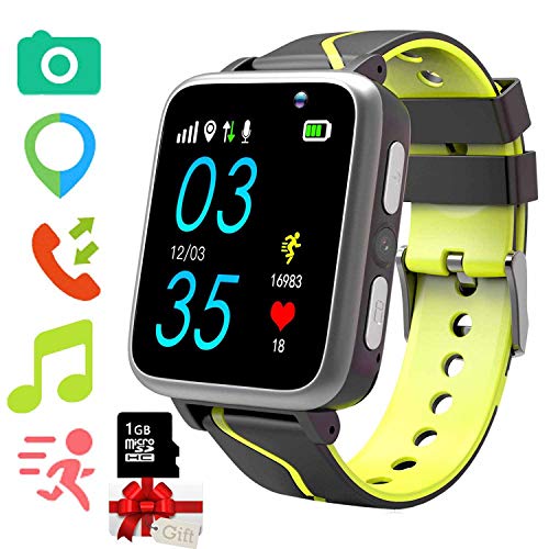 Niños Musica Smartwatch Phone, Reloj Inteligente MP3 con Localizador GPS Chat de Voz SOS Cámara Despertador FM Linterna Relojes para Niños Niñas 4-15 años de Edad Compatible con iOS Android, Negro