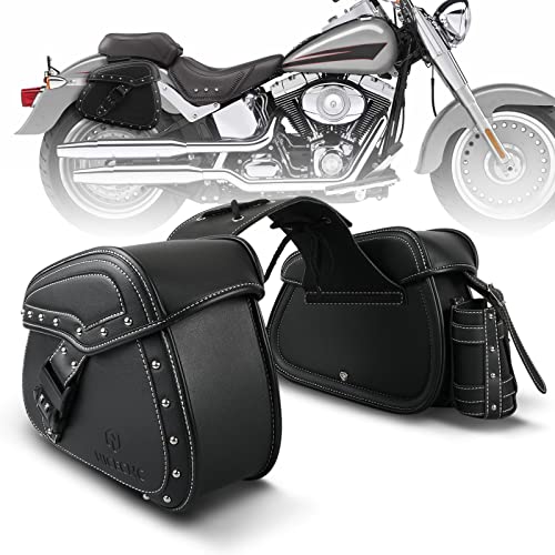 NICECNC Alforjas Moto Custom Cuero PU, Alforjas Laterales para Moto Universal, Correas Reforzadas Y Pieza De Sillín, con Portavasos Y Cerradura, Bolsa de sillín Moto Accesorios para Moto, Negro