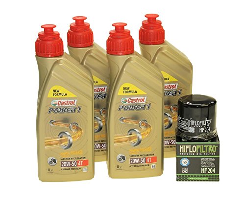 Juego de cambio de aceite 4 litros Castrol SAE 20 W-50 Act Evo 4T mineral, incluye filtro de aceite HiFlo HF204 para Triumph Suzuki Kawasaki Honda Harley Davidson