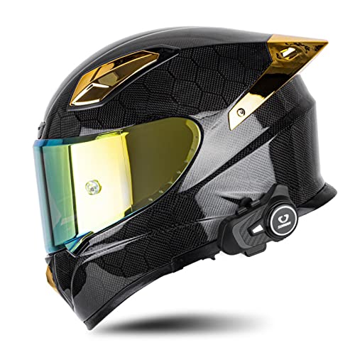 Casco Moto Fibra de Carbono Hombre Mujer Homologado DOT ECE Casco Moto Integral con Intercomunicador Integrado Bluetooth Casco de Carreras de Motos, Emparejamiento de 2~3 Personas F,L