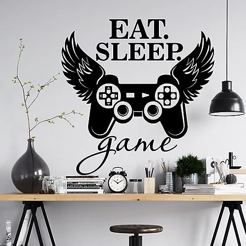 Game Wall Decal Playroom Decor, Eat Sleep Game Vinyl Sticker, Wings Joystick Video Game Decal para Teen Boy Room Decoration 5 # 42x43cm